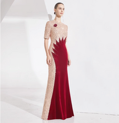 velvet mermaid dress with sequin contrast and floral brooch - NOVA