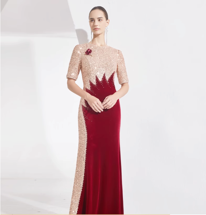 velvet mermaid dress with sequin contrast and floral brooch - NOVA