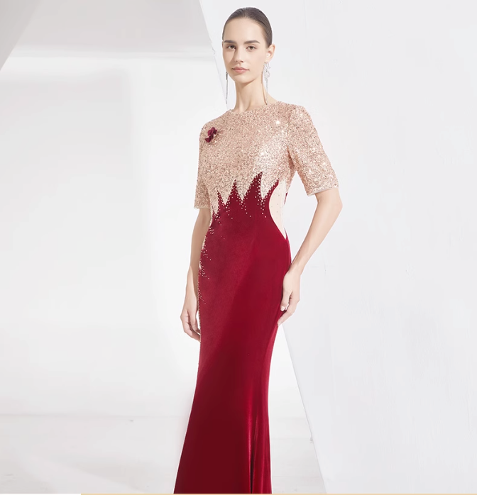 velvet mermaid dress with sequin contrast and floral brooch - NOVA