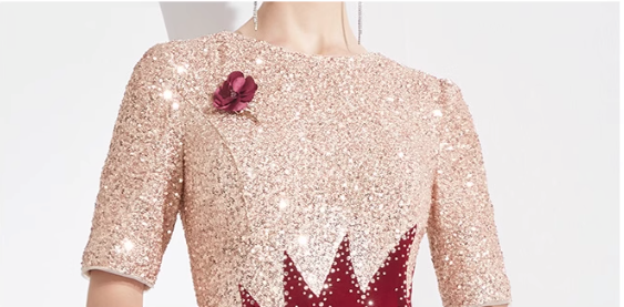 velvet mermaid dress with sequin contrast and floral brooch - NOVA