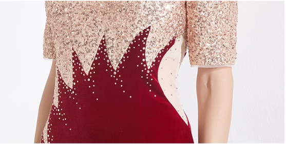 velvet mermaid dress with sequin contrast and floral brooch - NOVA