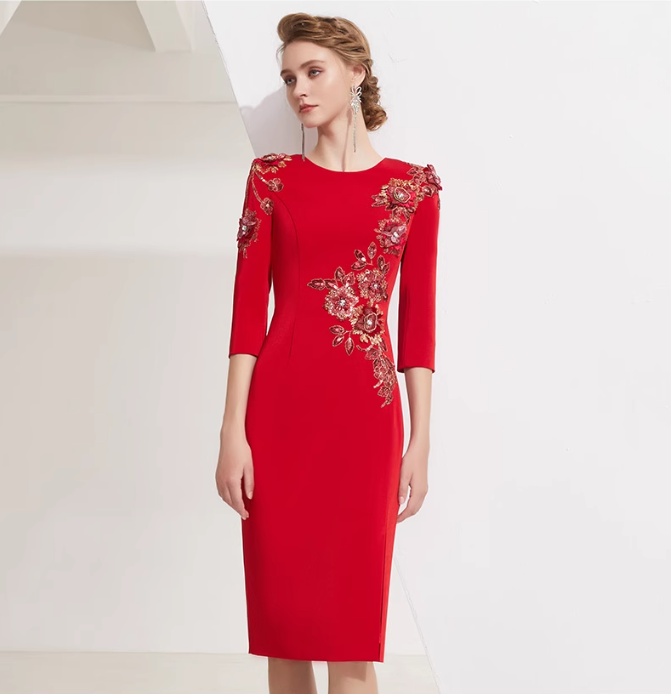 fitted midi dress with floral crystal embroidery - ROYA