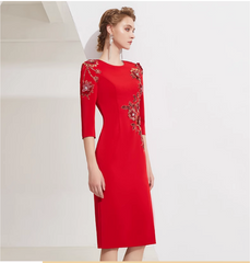 fitted midi dress with floral crystal embroidery - ROYA