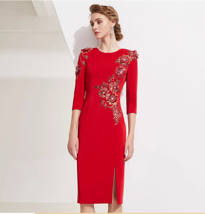 fitted midi dress with floral crystal embroidery - ROYA