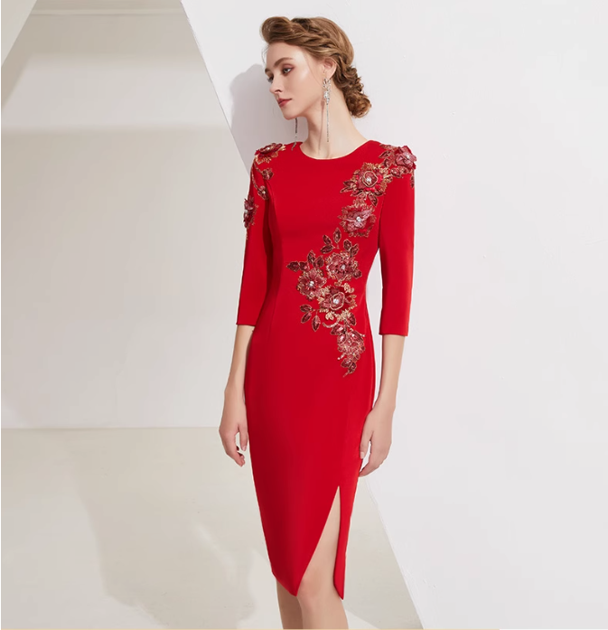 fitted midi dress with floral crystal embroidery - ROYA