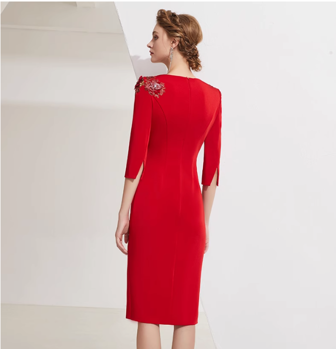 fitted midi dress with floral crystal embroidery - ROYA