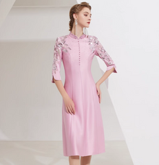high-neck midi dress with sequin embroidered sleeves - BLOSSOM
