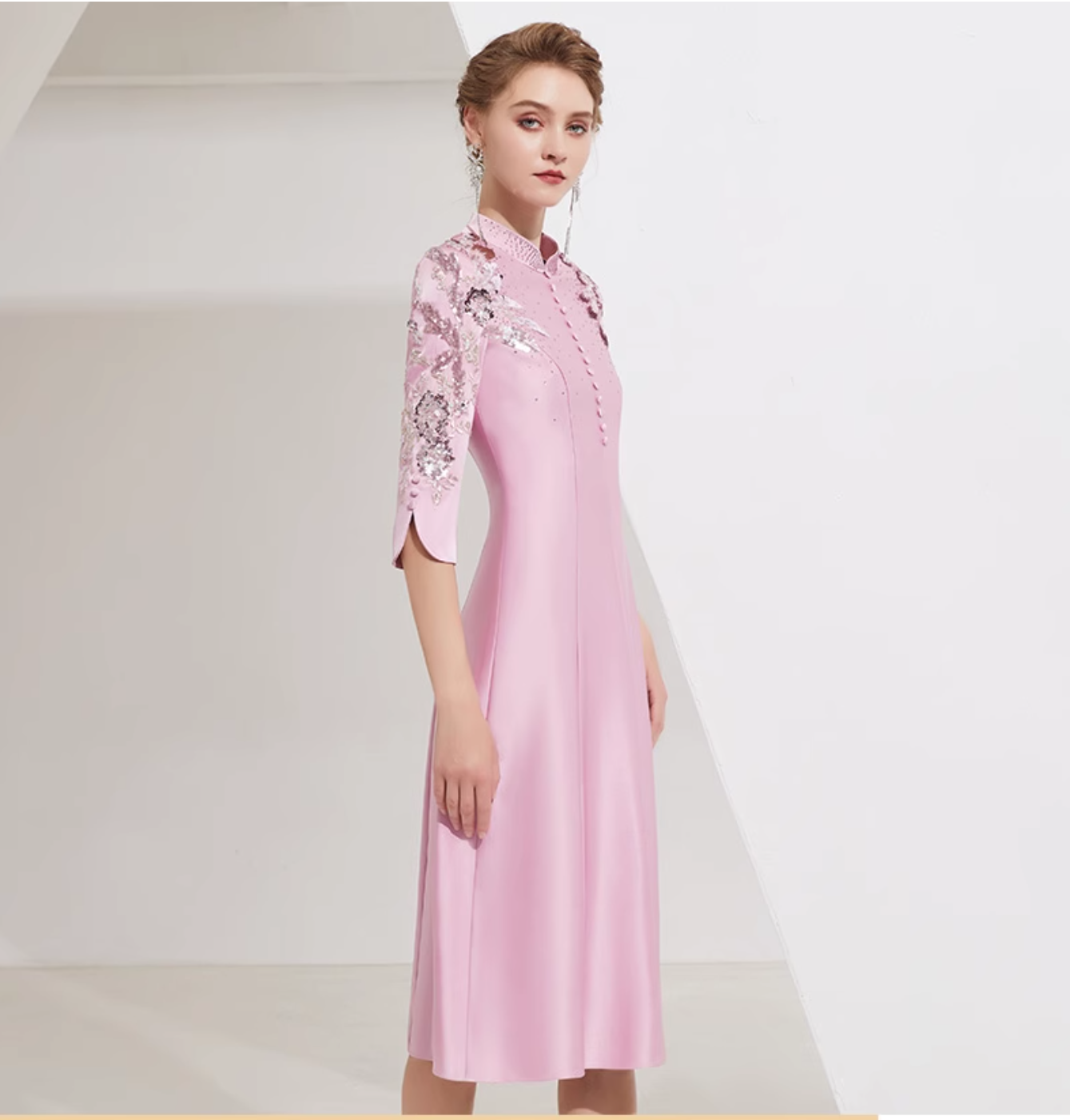 high-neck midi dress with sequin embroidered sleeves - BLOSSOM