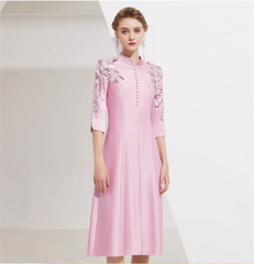 high-neck midi dress with sequin embroidered sleeves - BLOSSOM