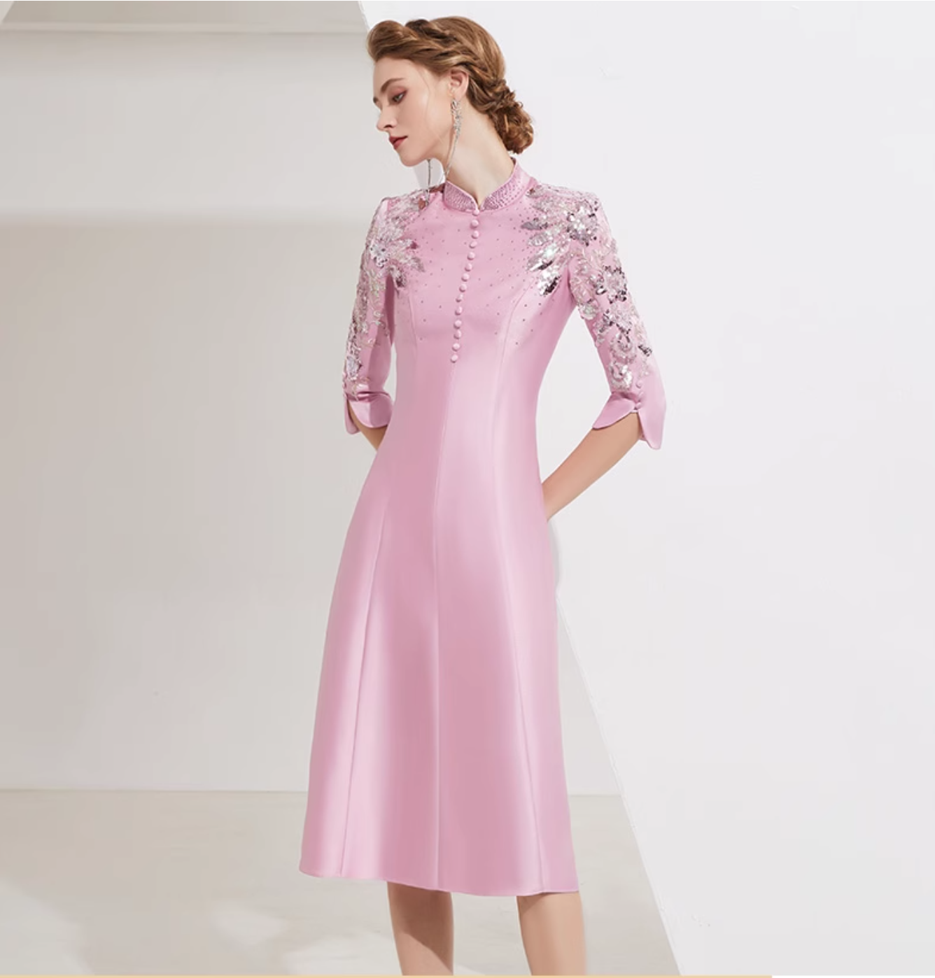 high-neck midi dress with sequin embroidered sleeves - BLOSSOM
