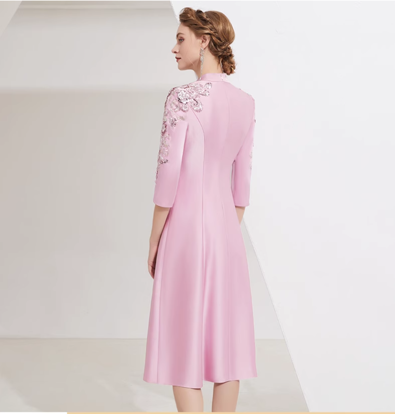 high-neck midi dress with sequin embroidered sleeves - BLOSSOM