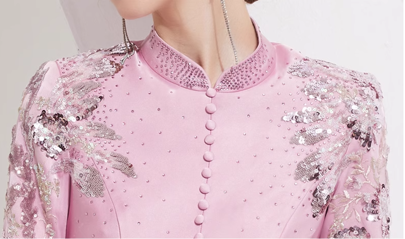 high-neck midi dress with sequin embroidered sleeves - BLOSSOM
