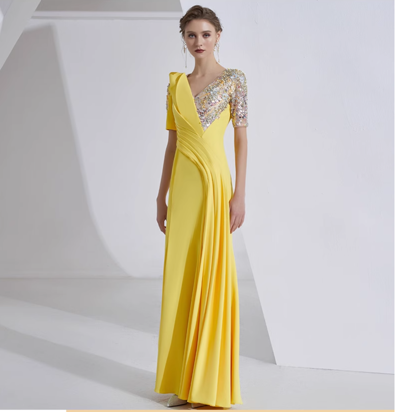 v-neck draped gown with sequin sleeves - SOLARA