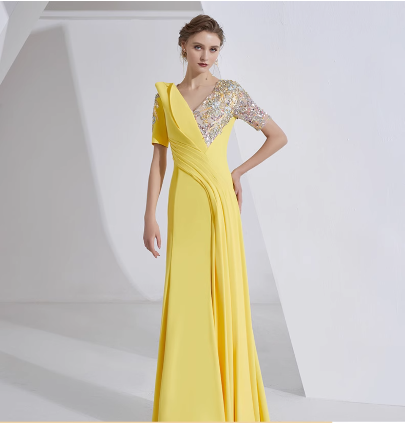 v-neck draped gown with sequin sleeves - SOLARA