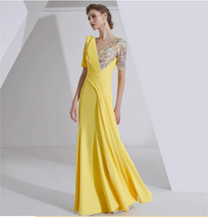 v-neck draped gown with sequin sleeves - SOLARA