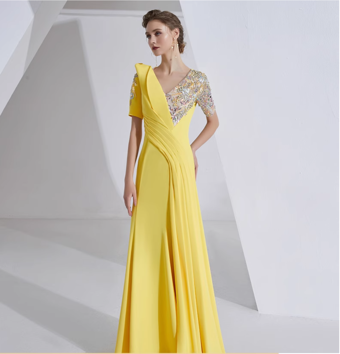 v-neck draped gown with sequin sleeves - SOLARA