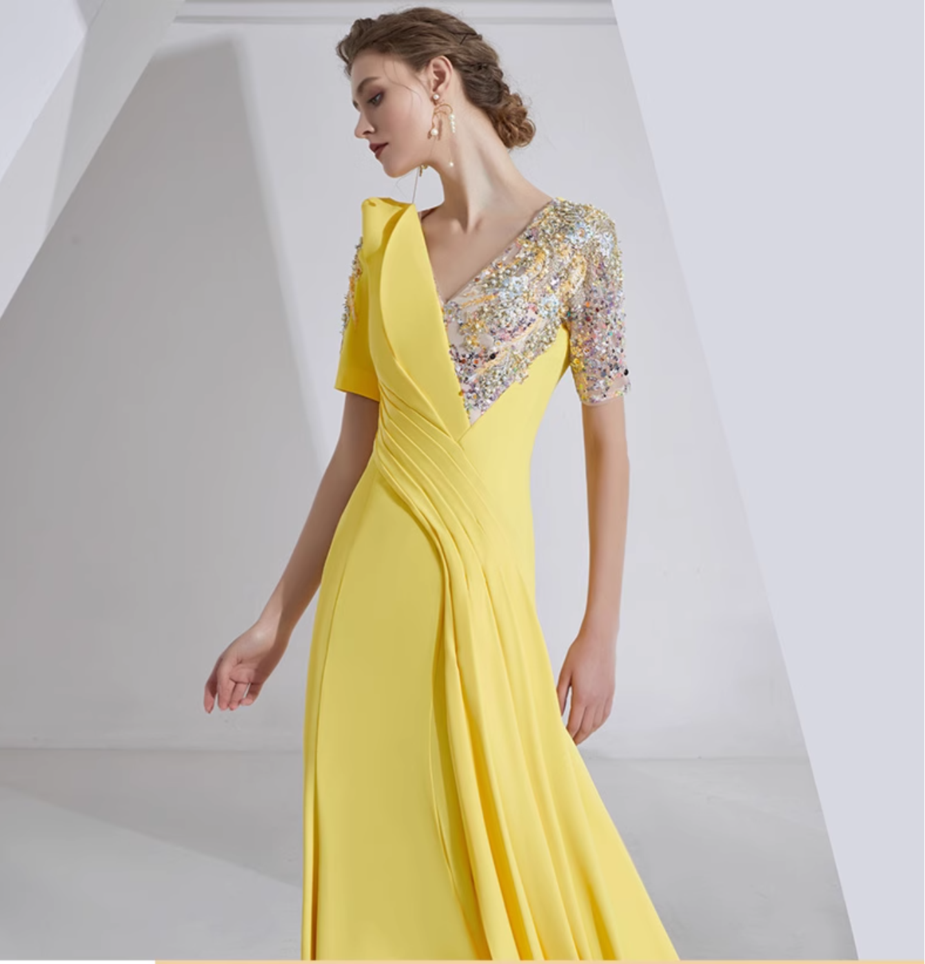 v-neck draped gown with sequin sleeves - SOLARA