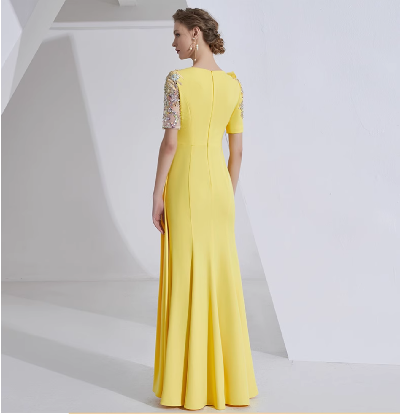 v-neck draped gown with sequin sleeves - SOLARA