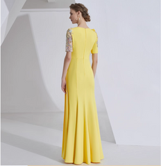 v-neck draped gown with sequin sleeves - SOLARA
