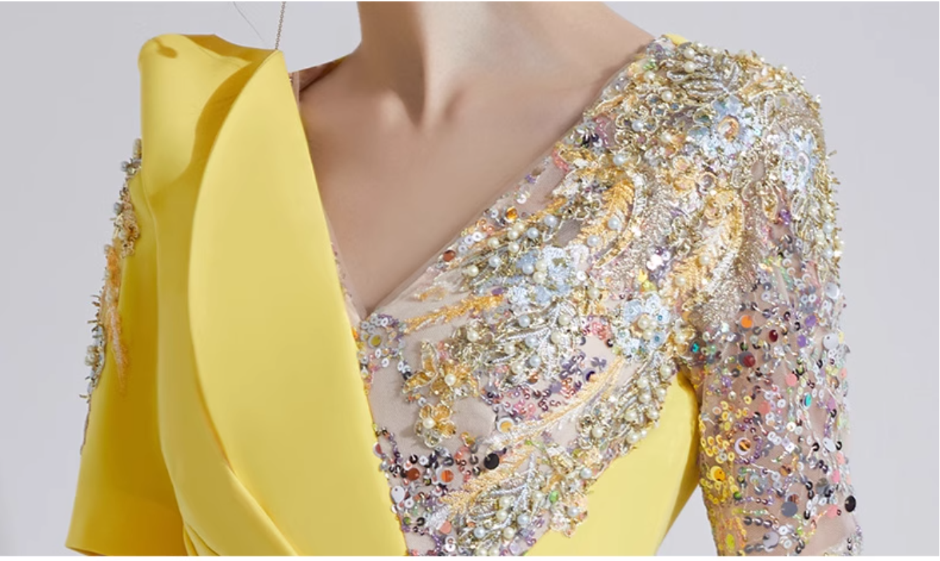 v-neck draped gown with sequin sleeves - SOLARA