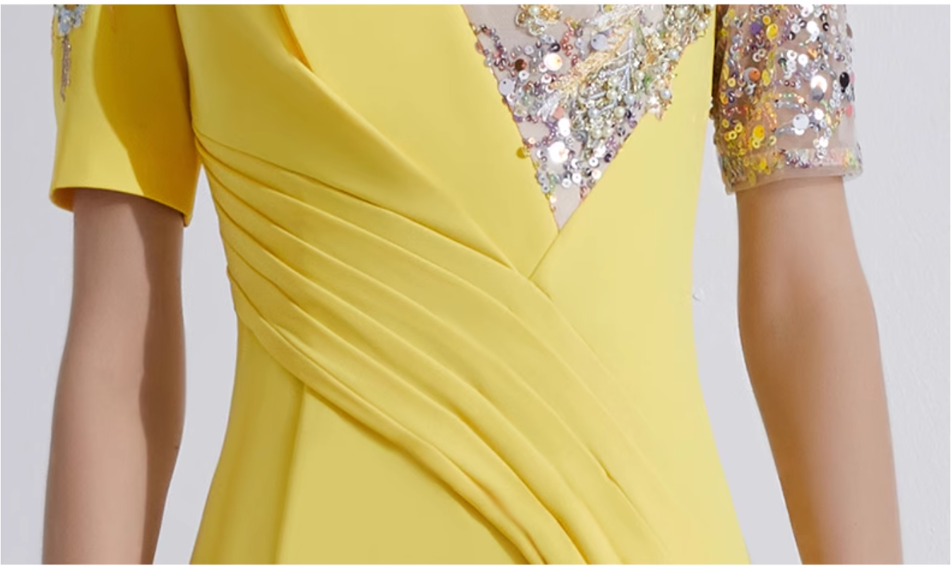 v-neck draped gown with sequin sleeves - SOLARA