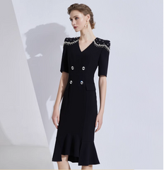 v-neck midi dress with pearl-embellished shoulders - NOIR