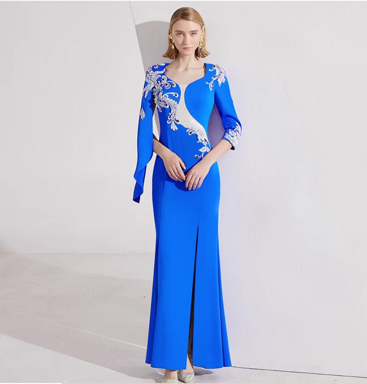 asymmetric long-sleeve gown with silver sequin embroidery – MAYRA
