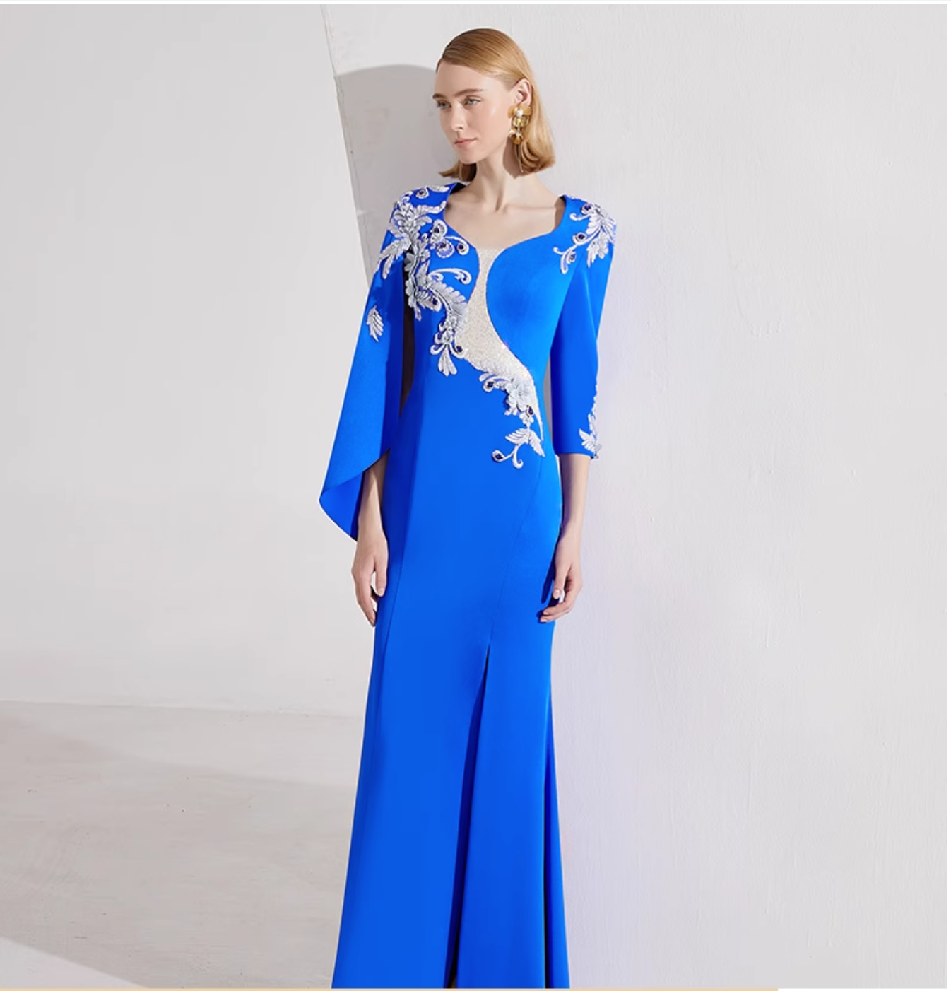 asymmetric long-sleeve gown with silver sequin embroidery – MAYRA