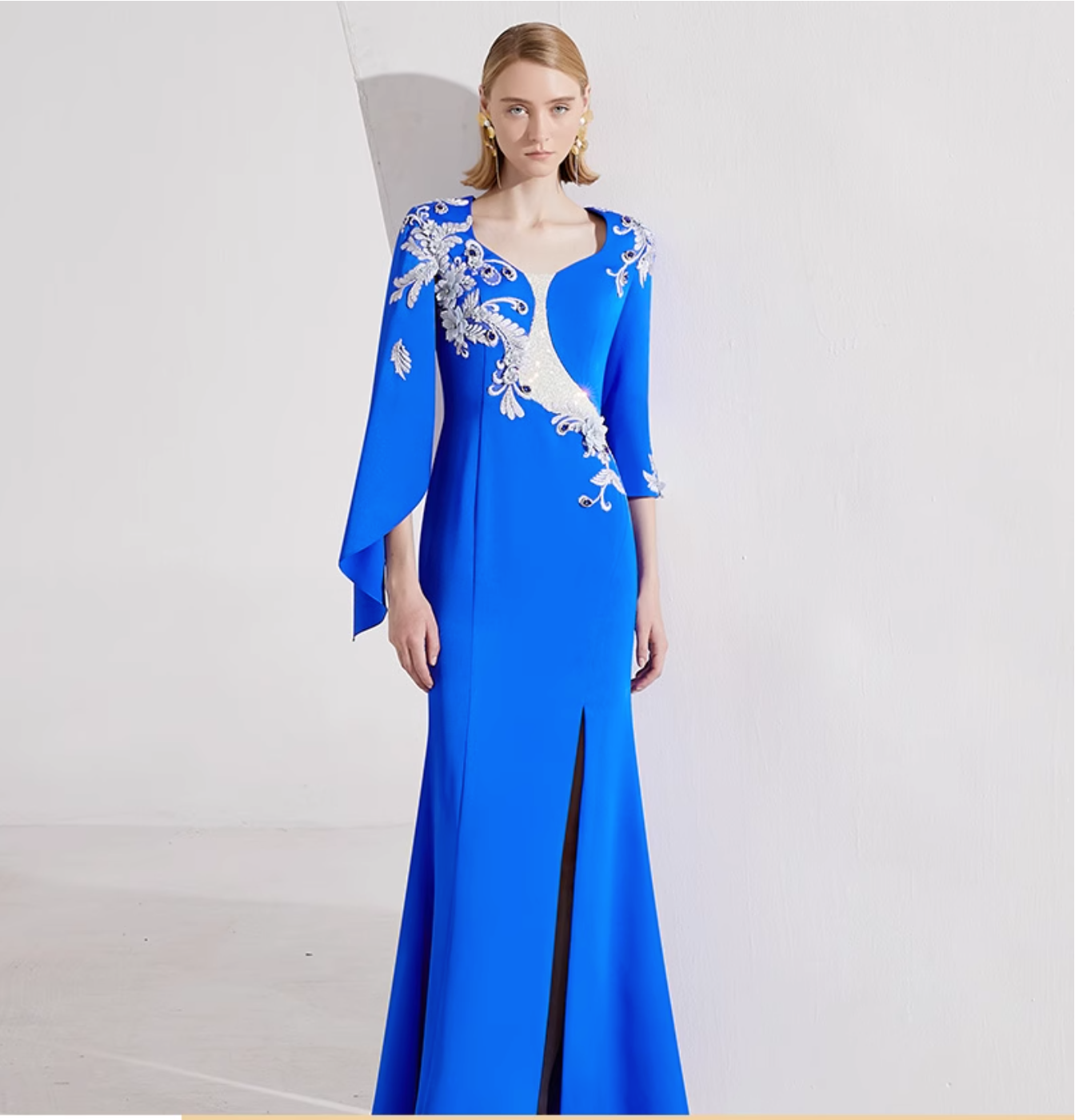asymmetric long-sleeve gown with silver sequin embroidery – MAYRA