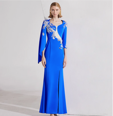 asymmetric long-sleeve gown with silver sequin embroidery – MAYRA