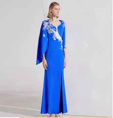 asymmetric long-sleeve gown with silver sequin embroidery – MAYRA