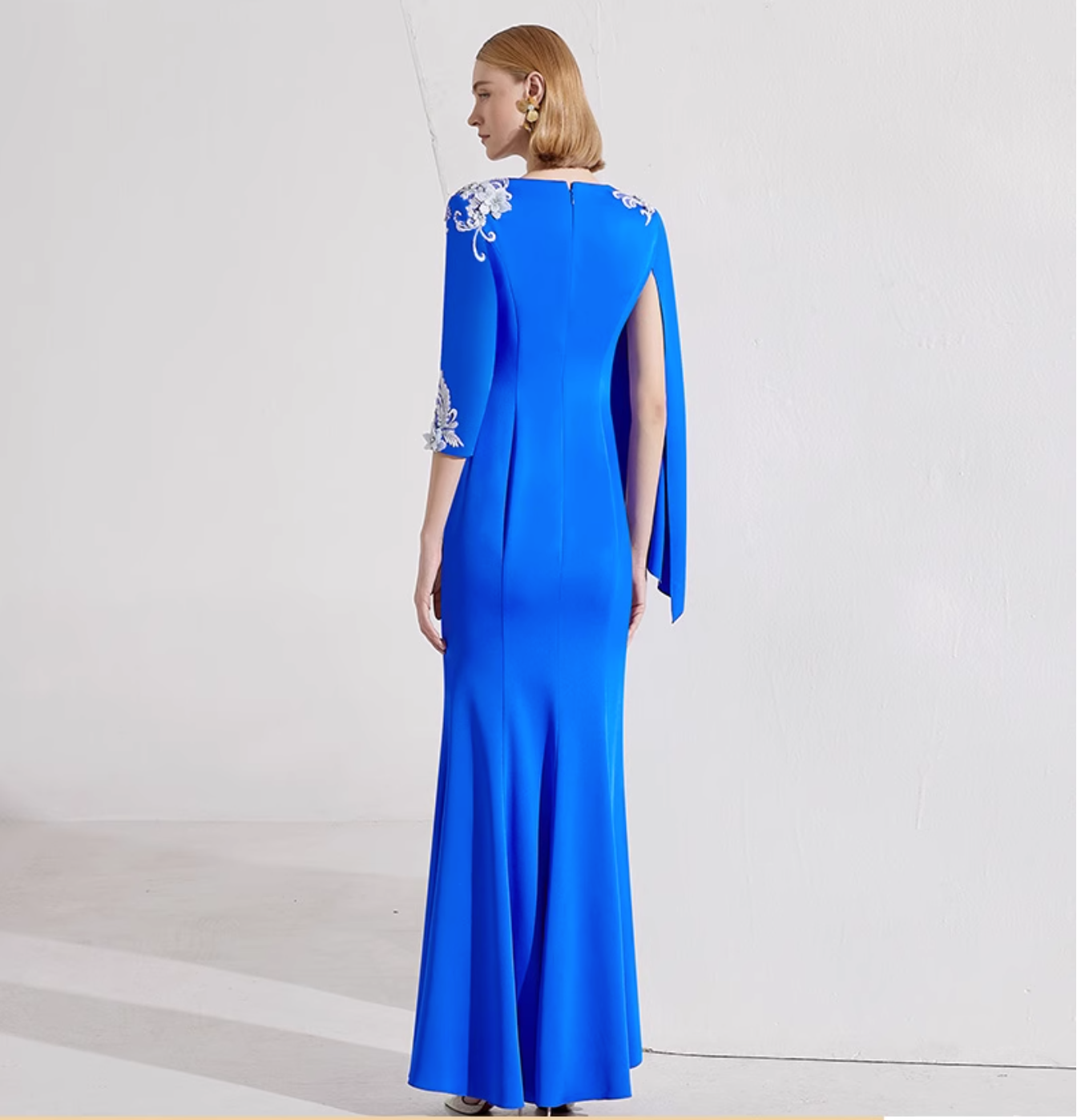 asymmetric long-sleeve gown with silver sequin embroidery – MAYRA