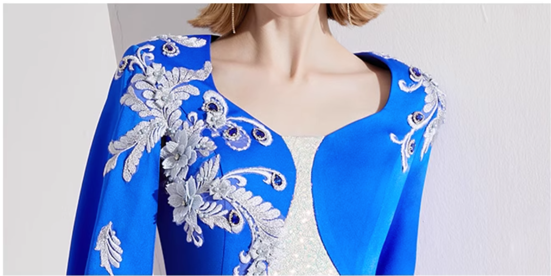 asymmetric long-sleeve gown with silver sequin embroidery – MAYRA