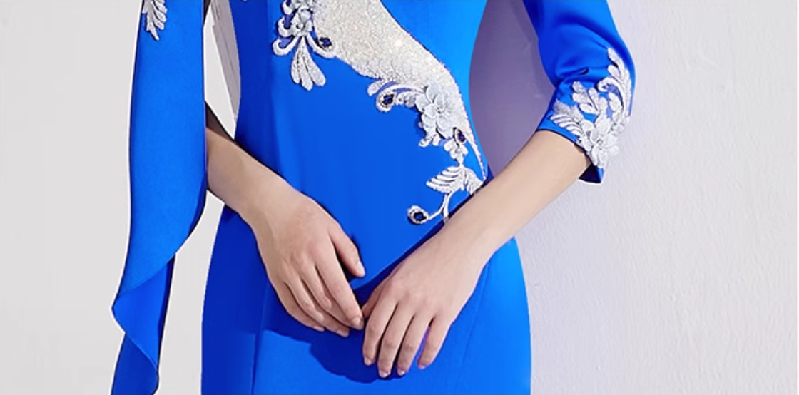 asymmetric long-sleeve gown with silver sequin embroidery – MAYRA