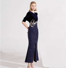 velvet evening dress with sequin slit skirt and floral embroidery – NAWARA