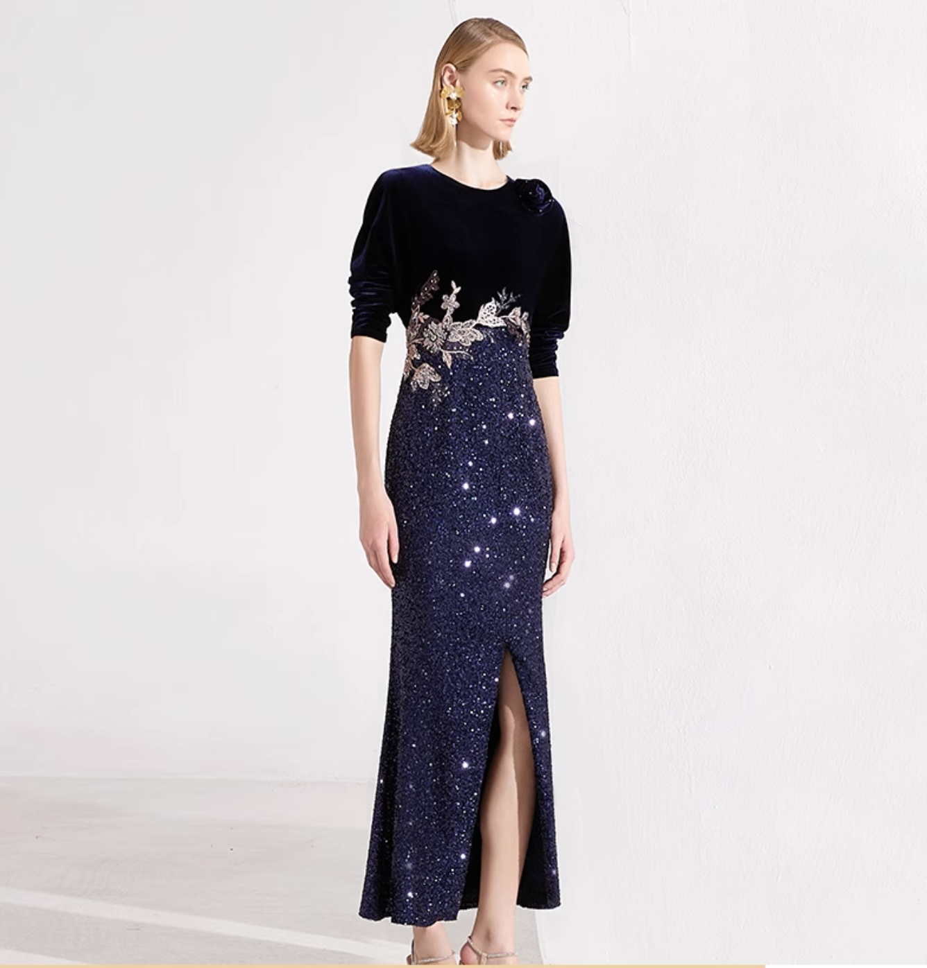 velvet evening dress with sequin slit skirt and floral embroidery – NAWARA