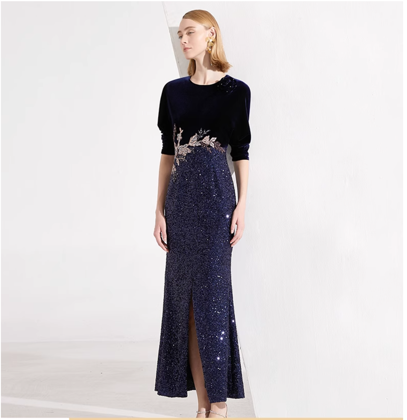 velvet evening dress with sequin slit skirt and floral embroidery – NAWARA