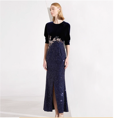 velvet evening dress with sequin slit skirt and floral embroidery – NAWARA