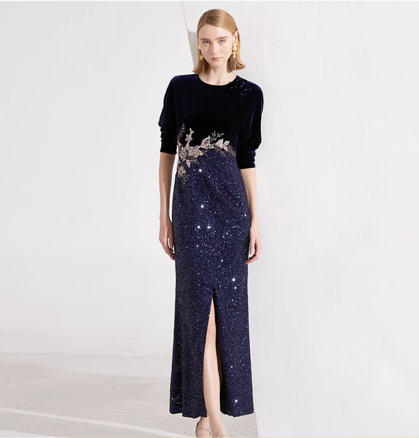 velvet evening dress with sequin slit skirt and floral embroidery – NAWARA
