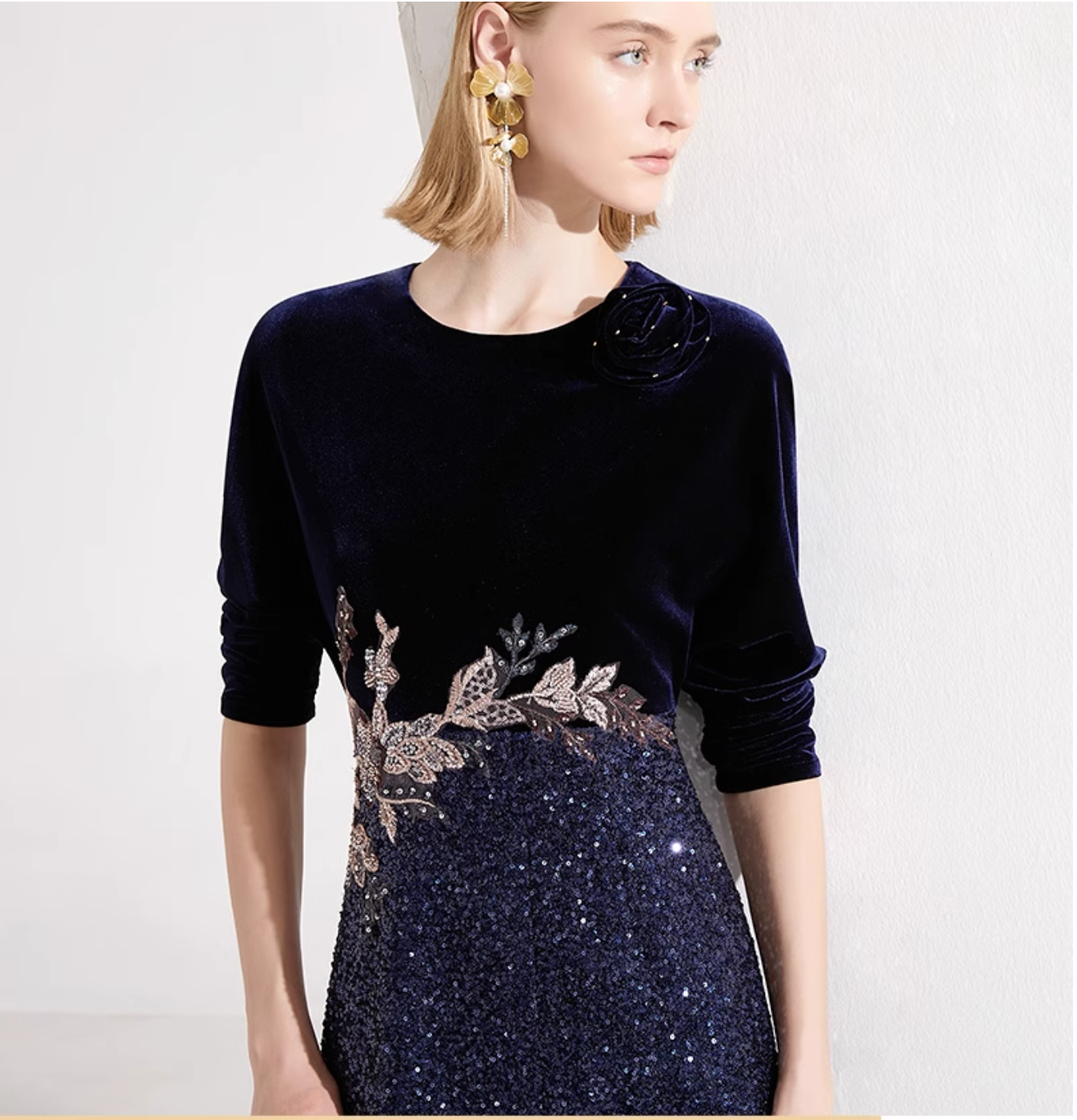velvet evening dress with sequin slit skirt and floral embroidery – NAWARA