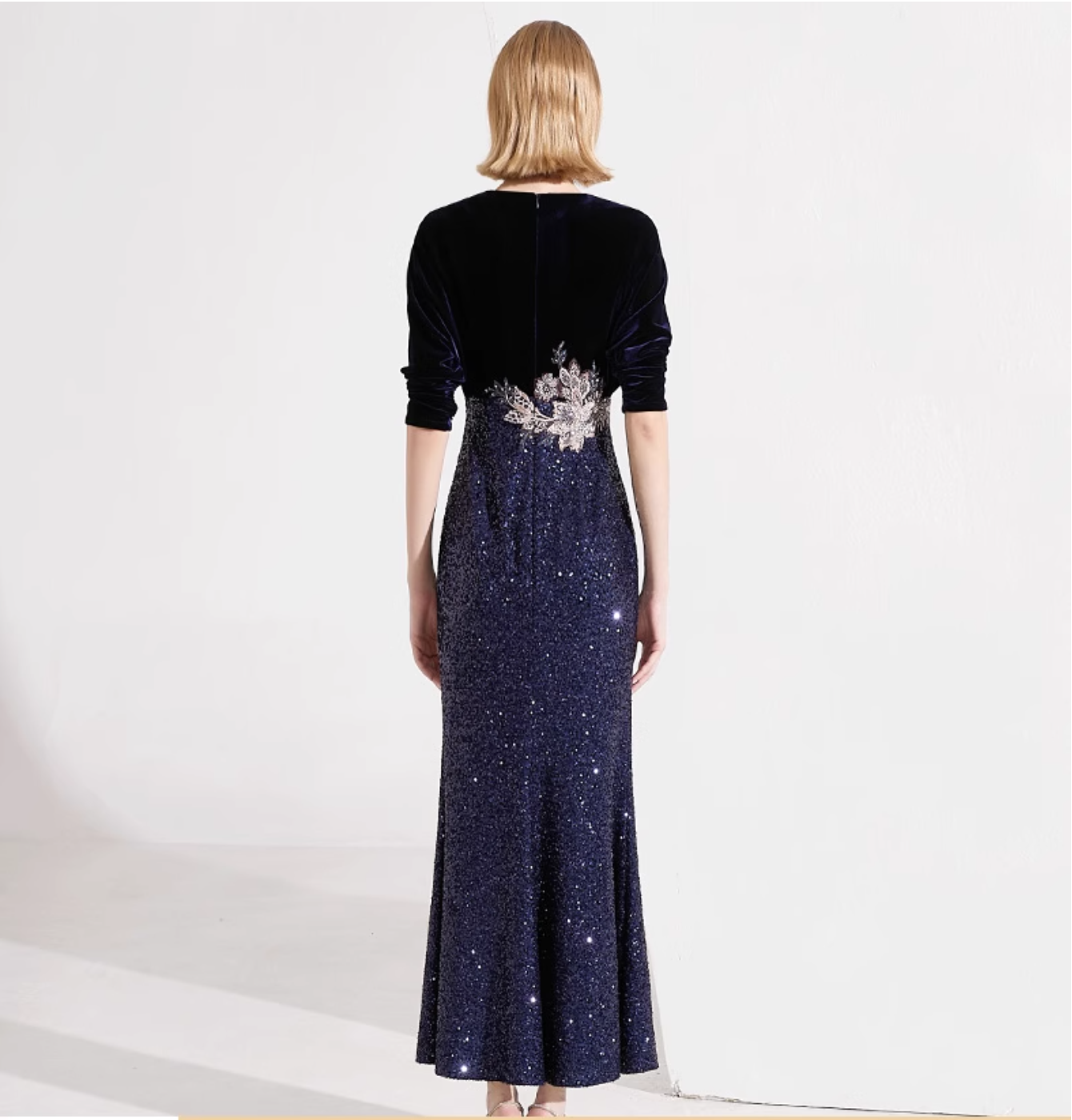 velvet evening dress with sequin slit skirt and floral embroidery – NAWARA