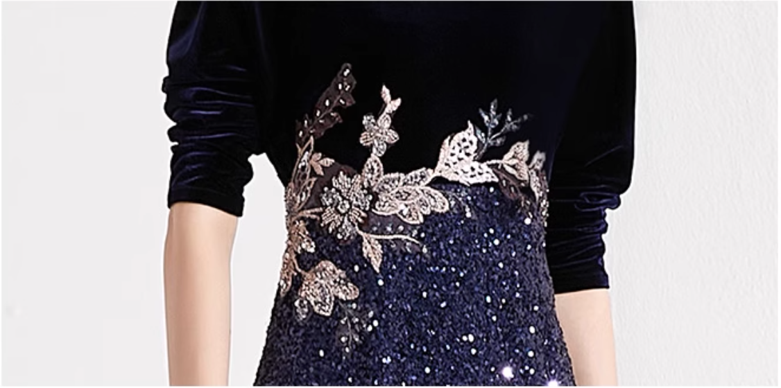 velvet evening dress with sequin slit skirt and floral embroidery – NAWARA