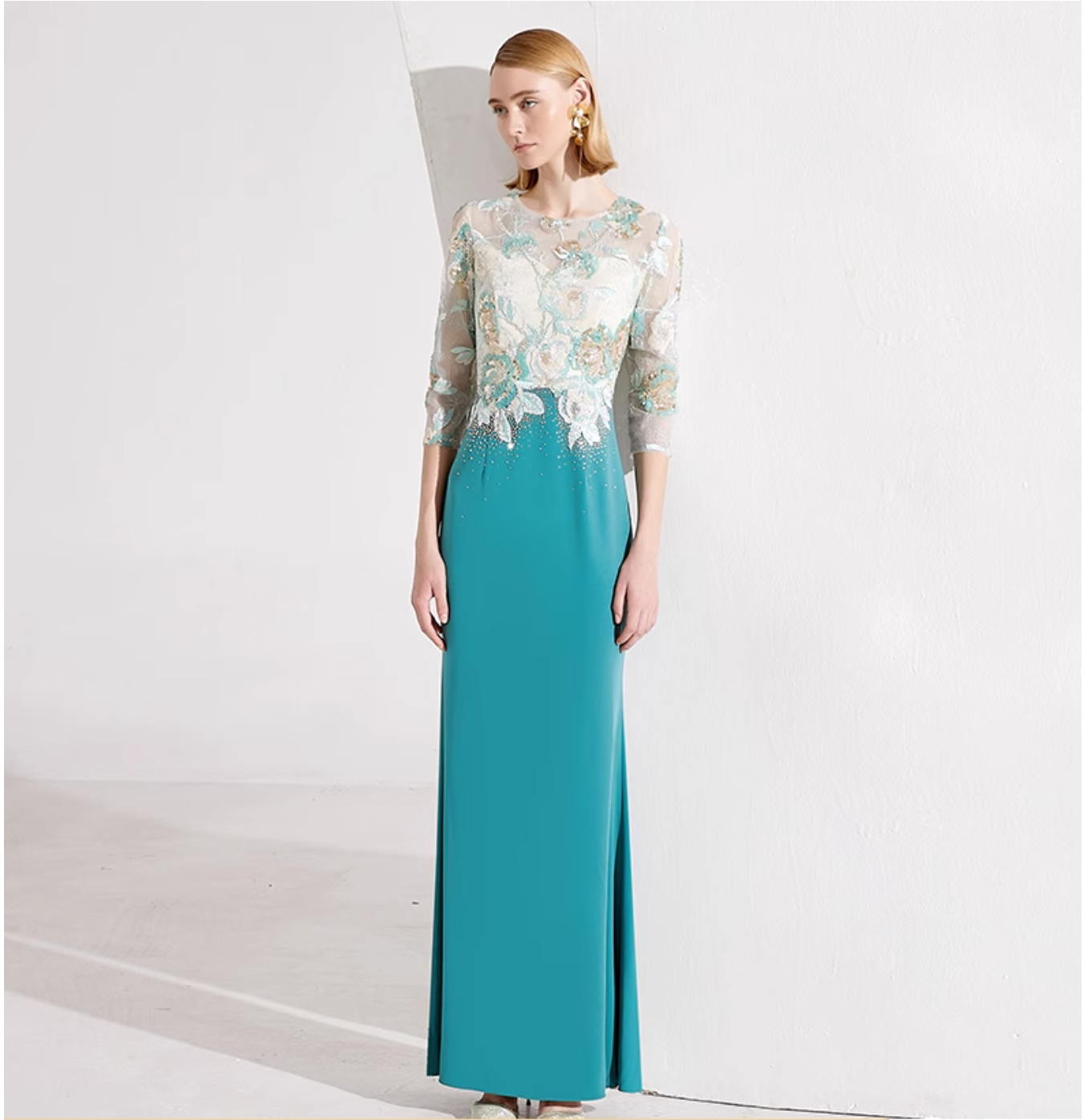embroidered sheath dress with illusion floral bodice – AYLA