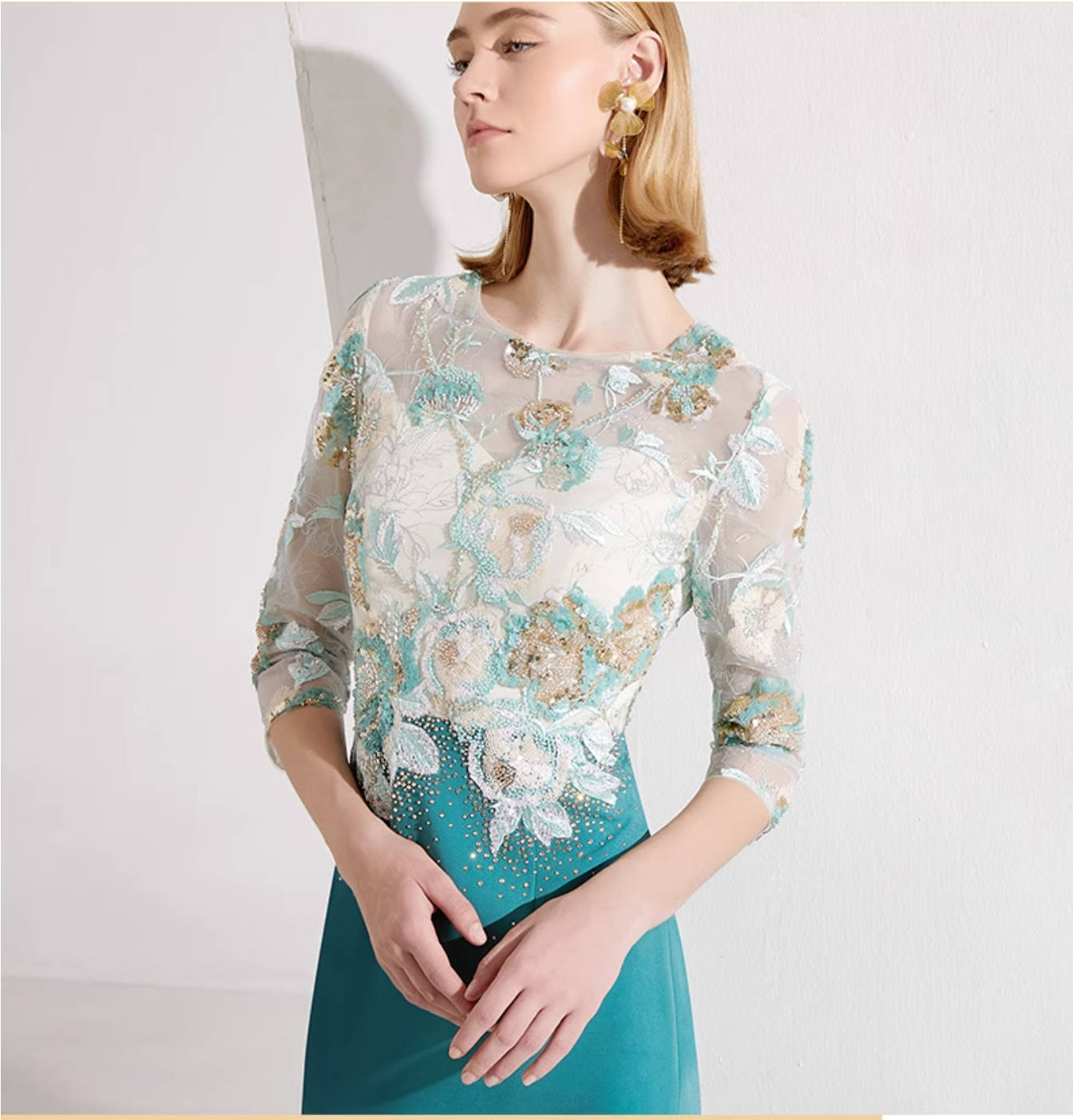embroidered sheath dress with illusion floral bodice – AYLA