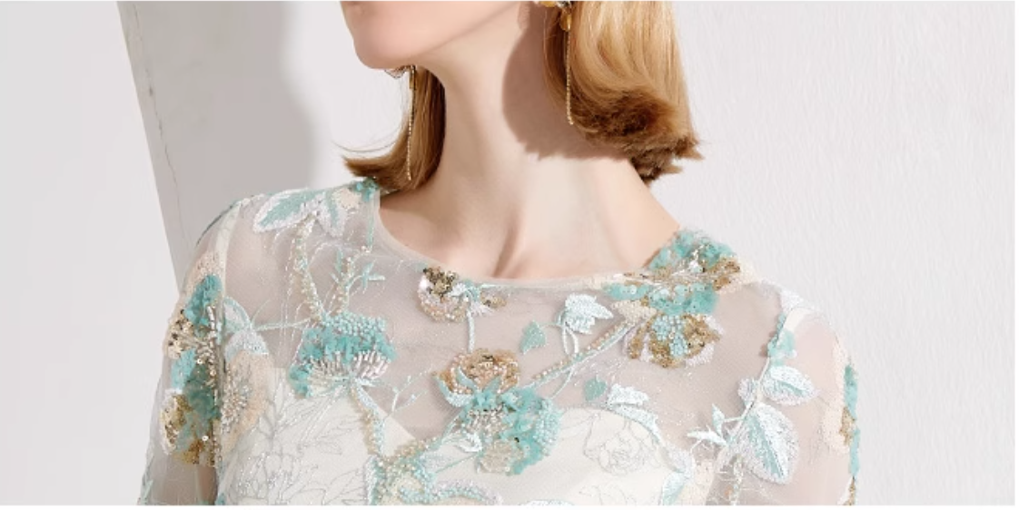 embroidered sheath dress with illusion floral bodice – AYLA