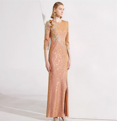 sequined column dress with floral shoulder applique – ZINA