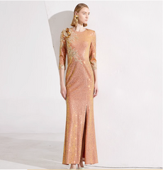 sequined column dress with floral shoulder applique – ZINA