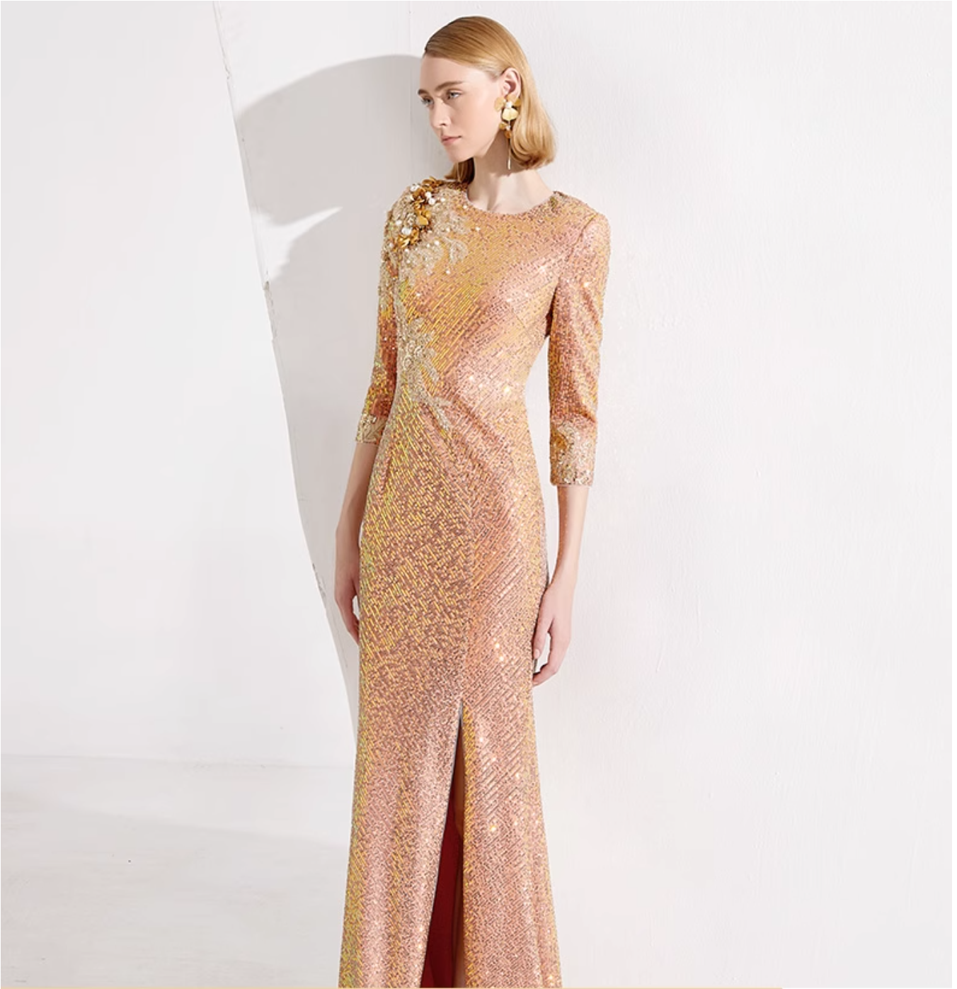 sequined column dress with floral shoulder applique – ZINA