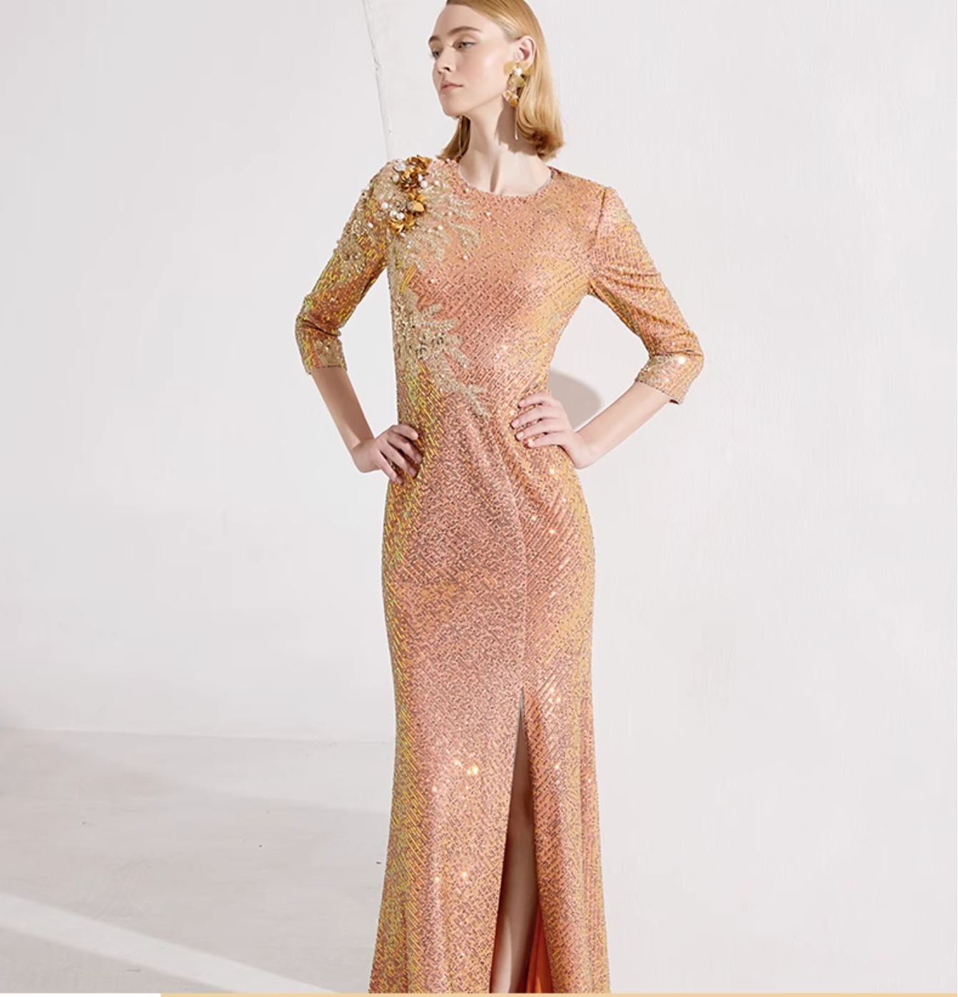 sequined column dress with floral shoulder applique – ZINA