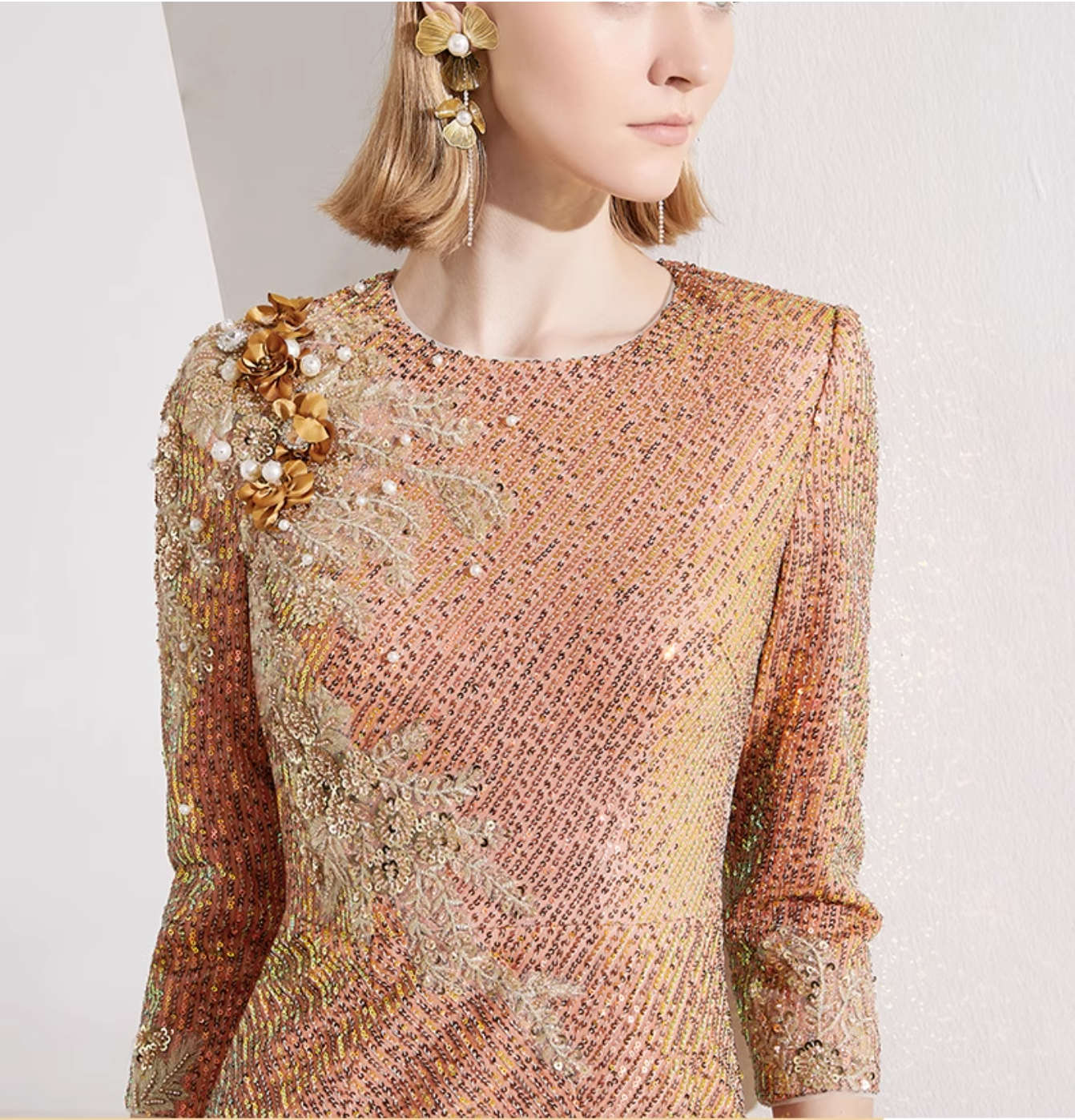 sequined column dress with floral shoulder applique – ZINA